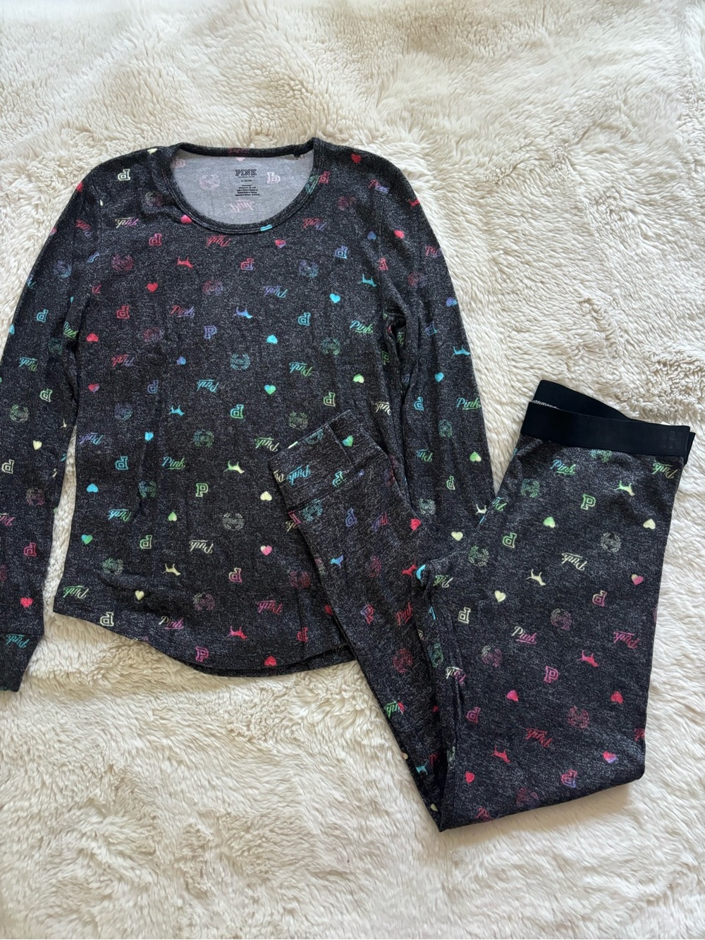 NWT PINK Victoria's Secret Gray Heathered Rainbow Logo Pajama Set